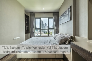 เช่าคอนโด TEAL Sathorn Taksin  ทีล สาทร-ตากสิน  1 ห้องนอน 1 ห้องน้ำ ชั้น 9  ทิศตะวันออก ติด BTS วงเวียนใหญ่